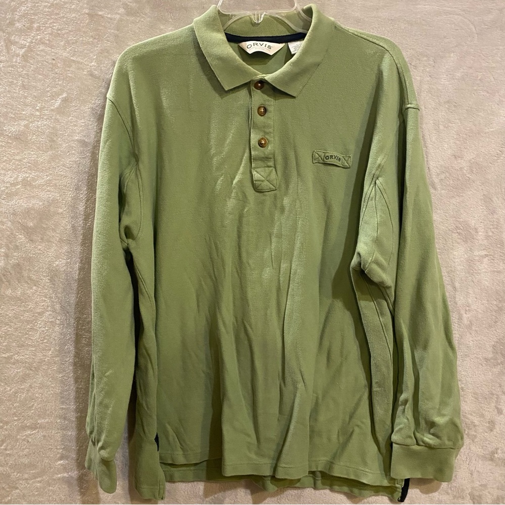 Orvis Shirt Men’s Large Olive Green Cotton Polo Long Sleeve 1/4 Button down